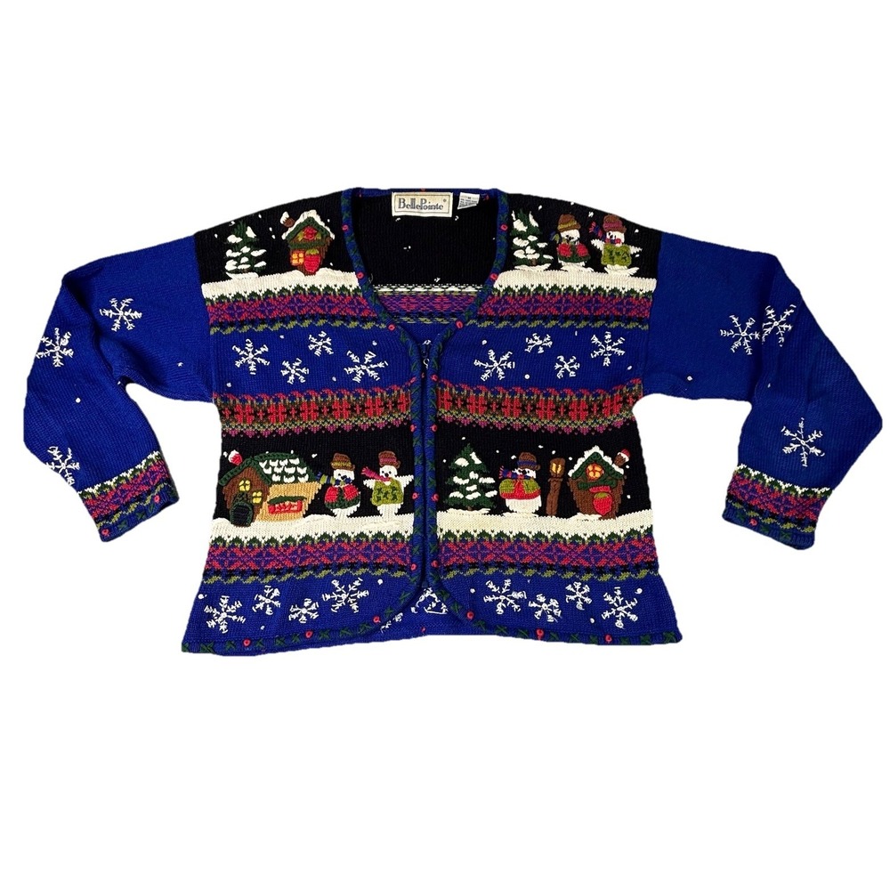 Belle Pointe Vintage‎ Christmas Sweater Size Medium Knit and Embroidery Snowmen